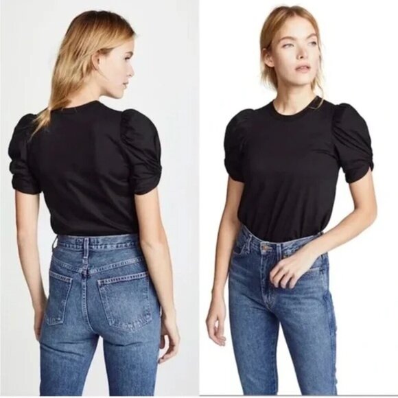 Alc 100% Cotton Kati Black Tee Top Blouse Puff Shoulders Women's XS - Picture 1 of 6